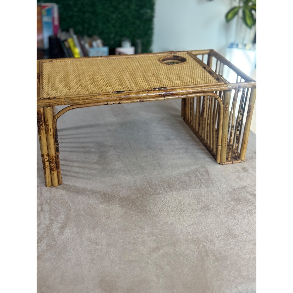 Vintage Bamboo Rattan Bed Tray Lap Desk with Magazine Rack and Cup Holder Boho